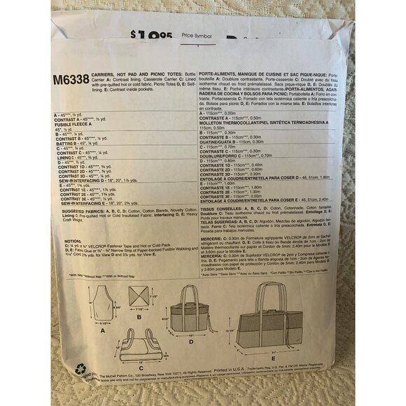 McCall's Misses Picnic Bag Hot Pad Sewing Pattern M6338 - uncut - Picture 6 of 10